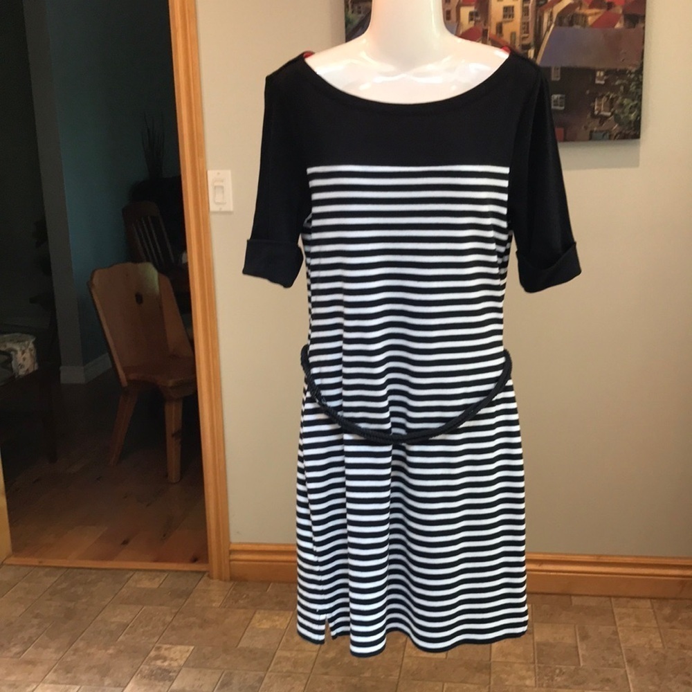 LRL NEW Black and White Striped Belted Cotton Mini Dress Size M Petite